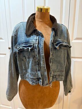 Windsor Light Blue Denim Cropped Jacket with Dark Brown Corduroy Collar